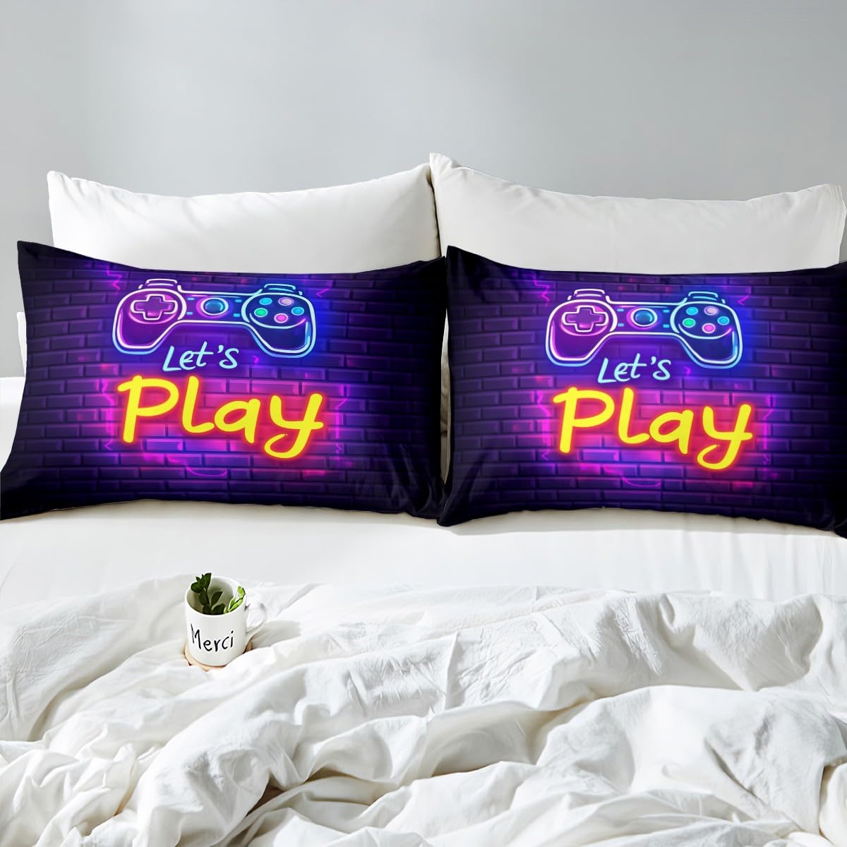 Gaming Gamer Bedding Sets Video Game Fitted Sheet for Boys Girls, Abstract Neon Style Gamepad Bed Sheets Geometric Brick Wall Design Bedding Decor Set Youth Man, Bedroom Decorations Twin Size