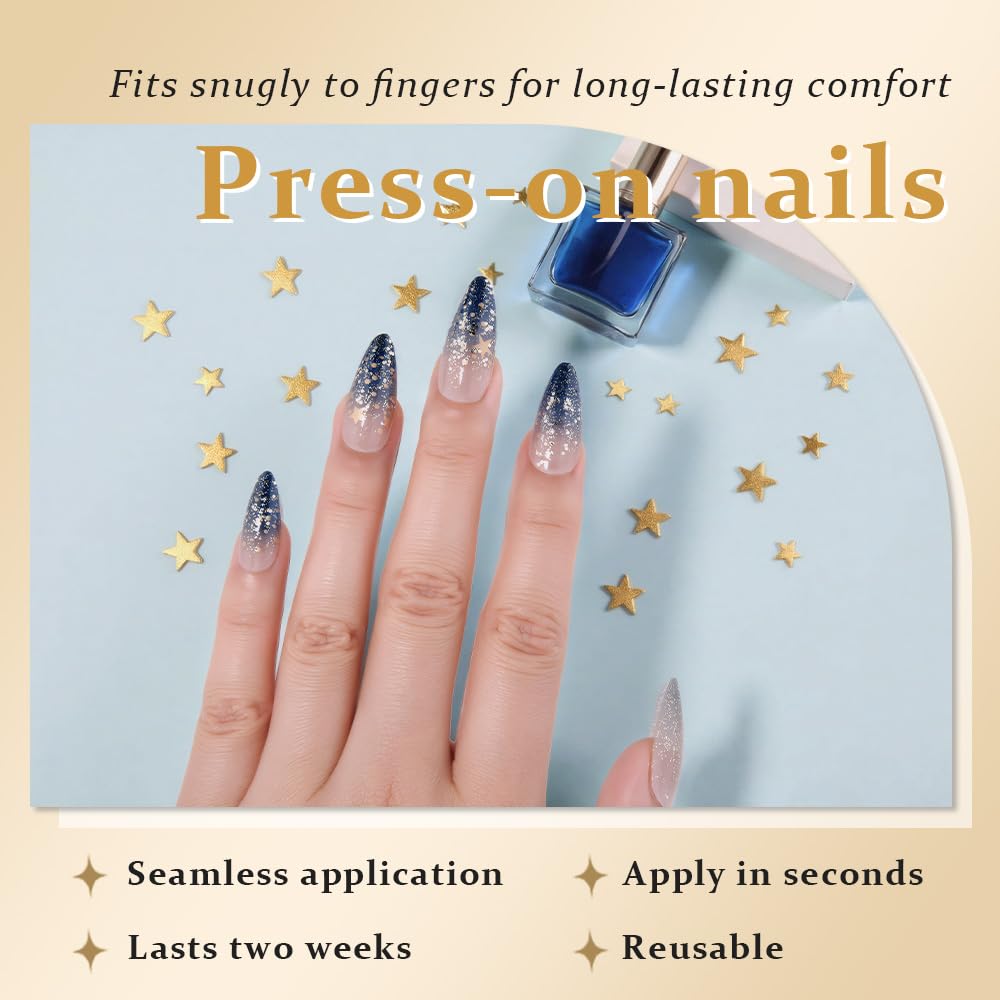 evpct Ombre Blue Press on Nails Medium Almond, Blue Fake Nails with 3D Stars Design, Reusable Perfect Fit Press ons Short False Nail for Women Manicure, Ombre Fake Nail Kit with Kits Gel Stick, 24Pcs