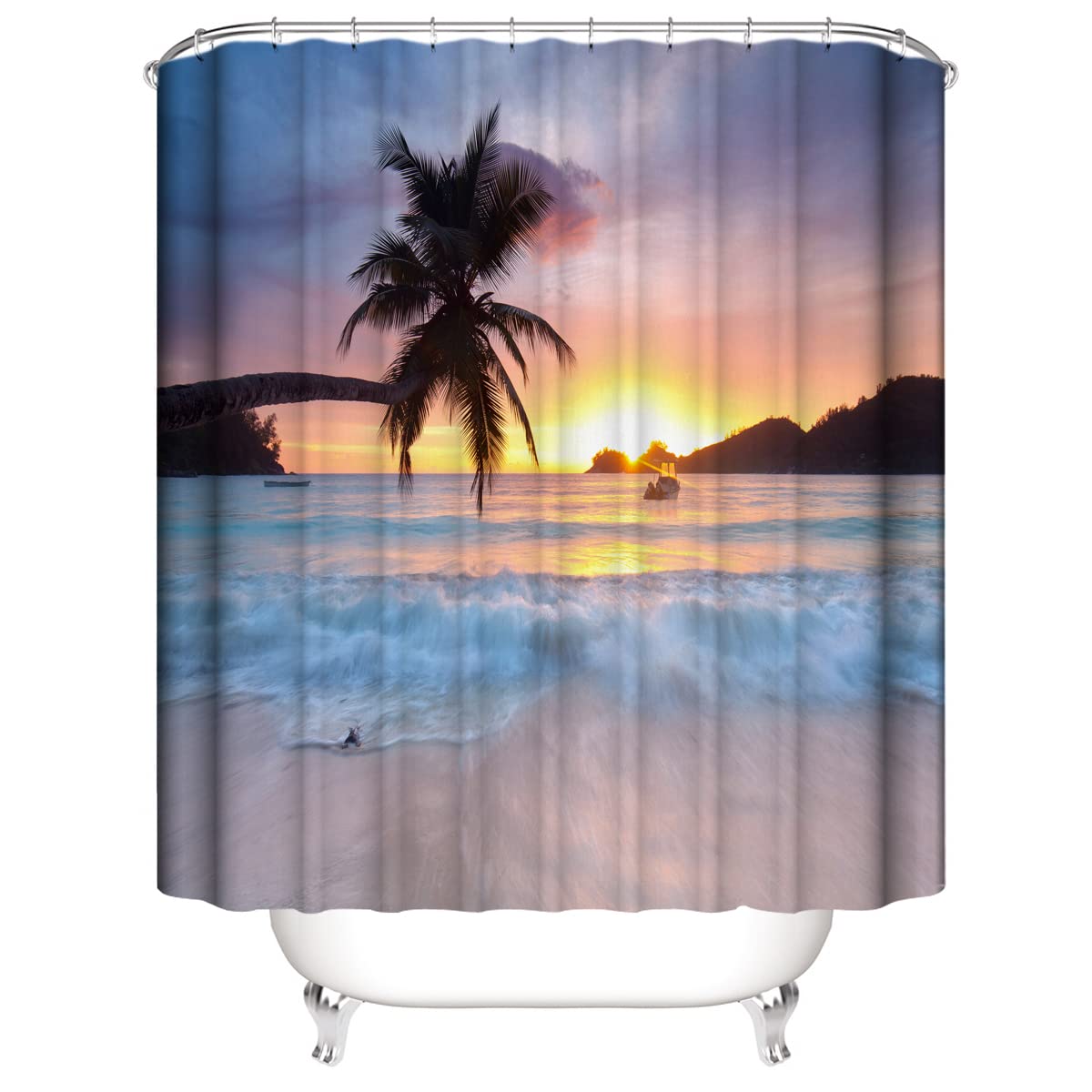DDS-DUDES Beach Sunset Shower Curtain for Bathroom, Ocean Sunrise Tropical Palm Tree Scenery Waterproof Polyester Curtains 71WX71H Inch 12 Pack Hooks (Sunset 5)