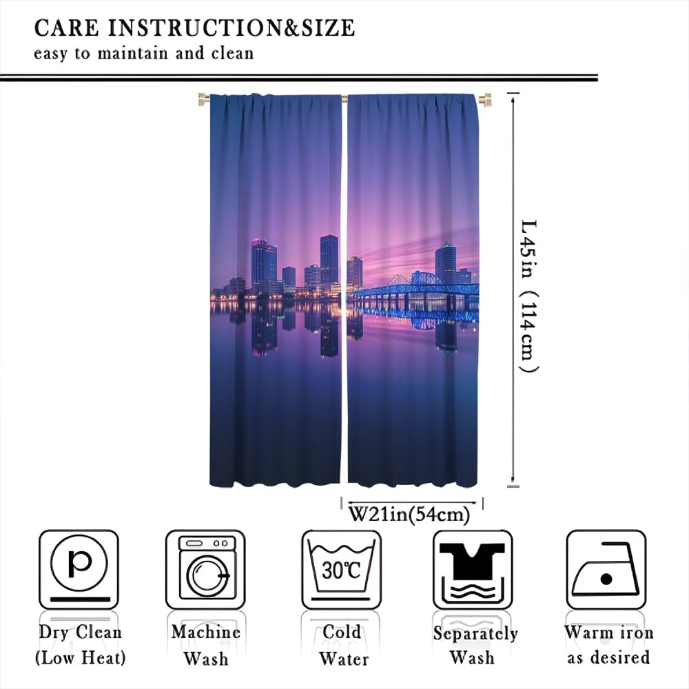 YFBBINS Evening Cityscape Pattern Blackout Curtains Thermal Insulated for Bedroom Living Room, Ocean Modern Skyline Rod Pocket Curtain Light Blocking Drapes, 2 Panels, Each 21 W x 45 L inch