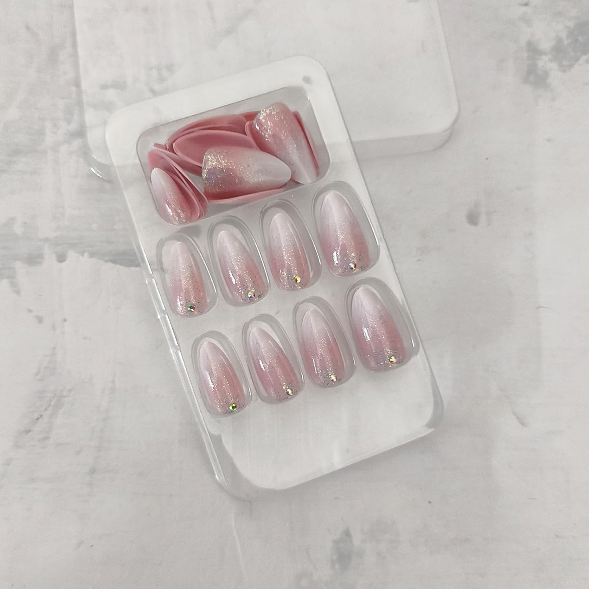 24Pcs Almond Press on Nails Short Nude Fake Nails with Sparkly Rhinestones Glitters Designs Pink White Gradient Glue on Nails Full Cover Acrylic False Nails for Women Manicure Decoration