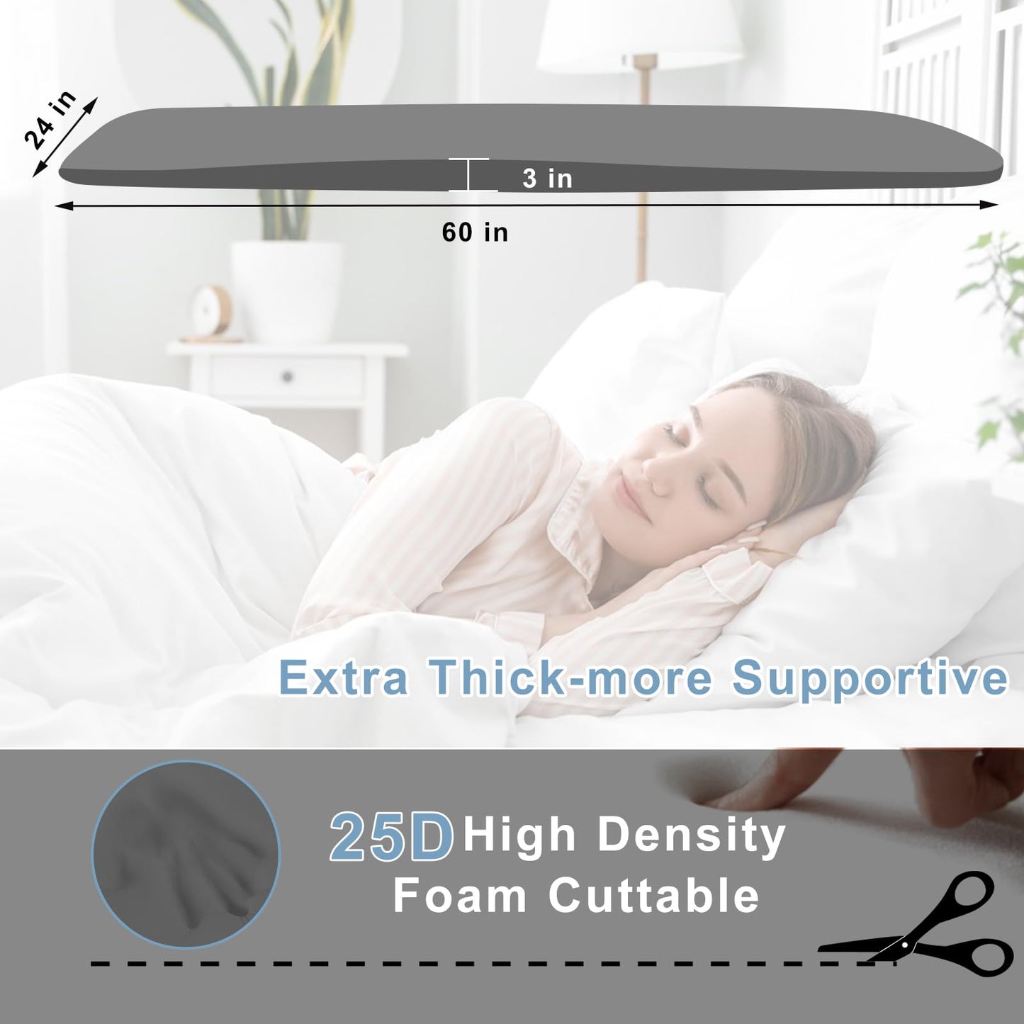 Extra Thick 3" Sagging Mattress Support, 60" L High Density Under Mattress Support Board, Memory Foam Pad to Fix Sinking Bed, Firm, Support, Stability - 60x24x3