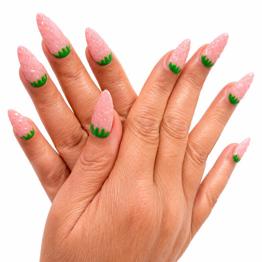 Handcrafted Press On Nails Cute Strawberry Pink Theme Fresh Fruit Pattern 100% Handmade Realistic Artistic Fake Nails Gifts For Women (Pink Strawberry, Medium M)