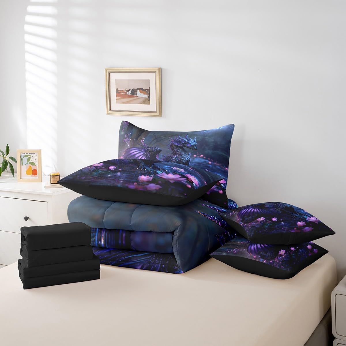 Feelyou Dragon Comforter Set with Sheets Twin Size Dragon Stuff Bed in a Bag for Boys Girls Teens Wild Life 7 Pieces Bedding Set Flower Bed Set Room Decor Black Purple