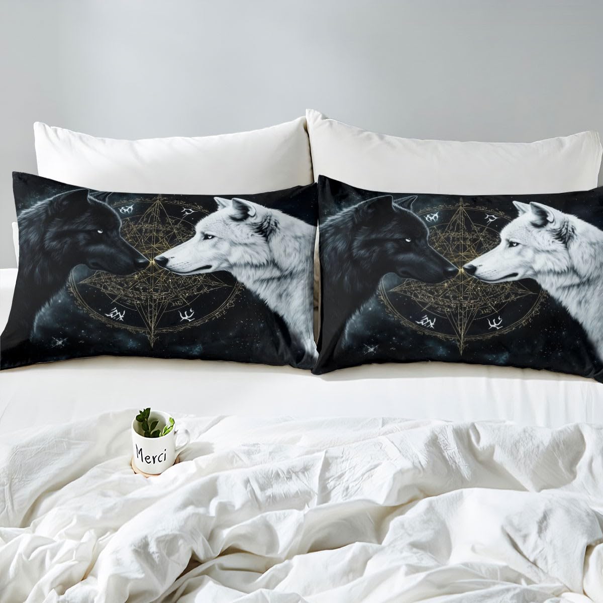 Black White Wolf Bedding Sets Full Size,Wild Life Bed Sheets 4Pcs,Sun Moon Starry Sky Fitted Sheet for Kids Teens Men Boys Room Decor,Magical Boho Style Black Top Flat Sheet,2 Pillowcases