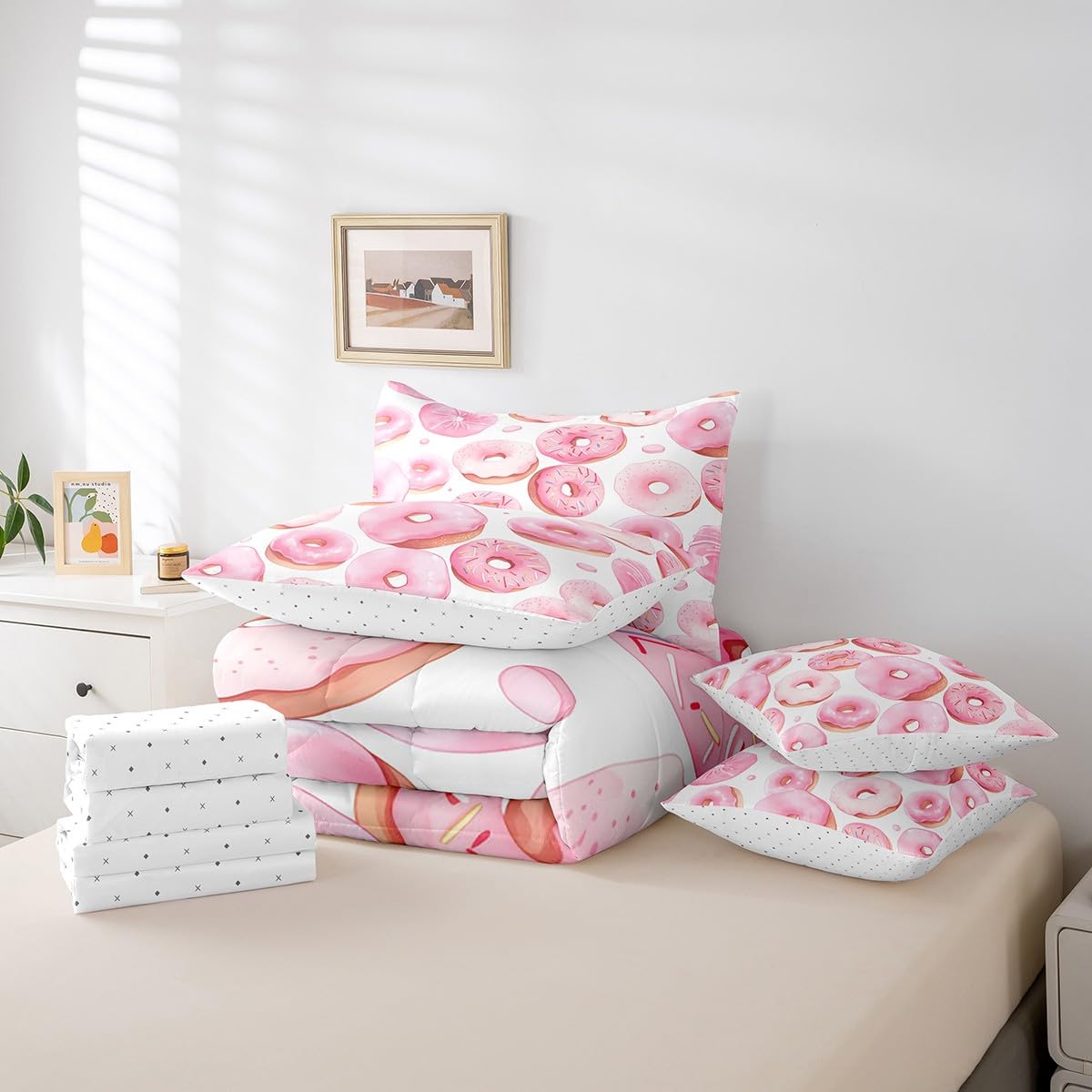Erosebridal Cartoon Full Comforter Set 7-Piece Queen Dessert Cake Bedding Sets,White and Pink Bed in A Bag for Kids Girls Cartoon Style Bed Sheets Set Lightweight Soft Room Decor with 2 Pillowcase