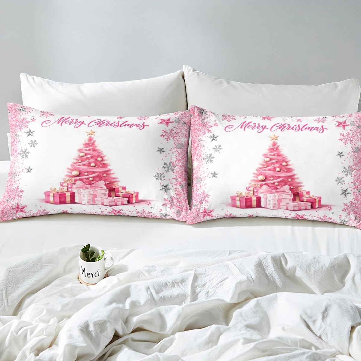 Pink Xmas Tree Duvet Cover Set Twin Size,Merry Christmas Bedding Set for Kids Girls Woman Teens Room Decor,Girly Sliver Glitter Snowflake Comforter Cover Sweet Winter Style Quilt Cover,1 Pillowcase