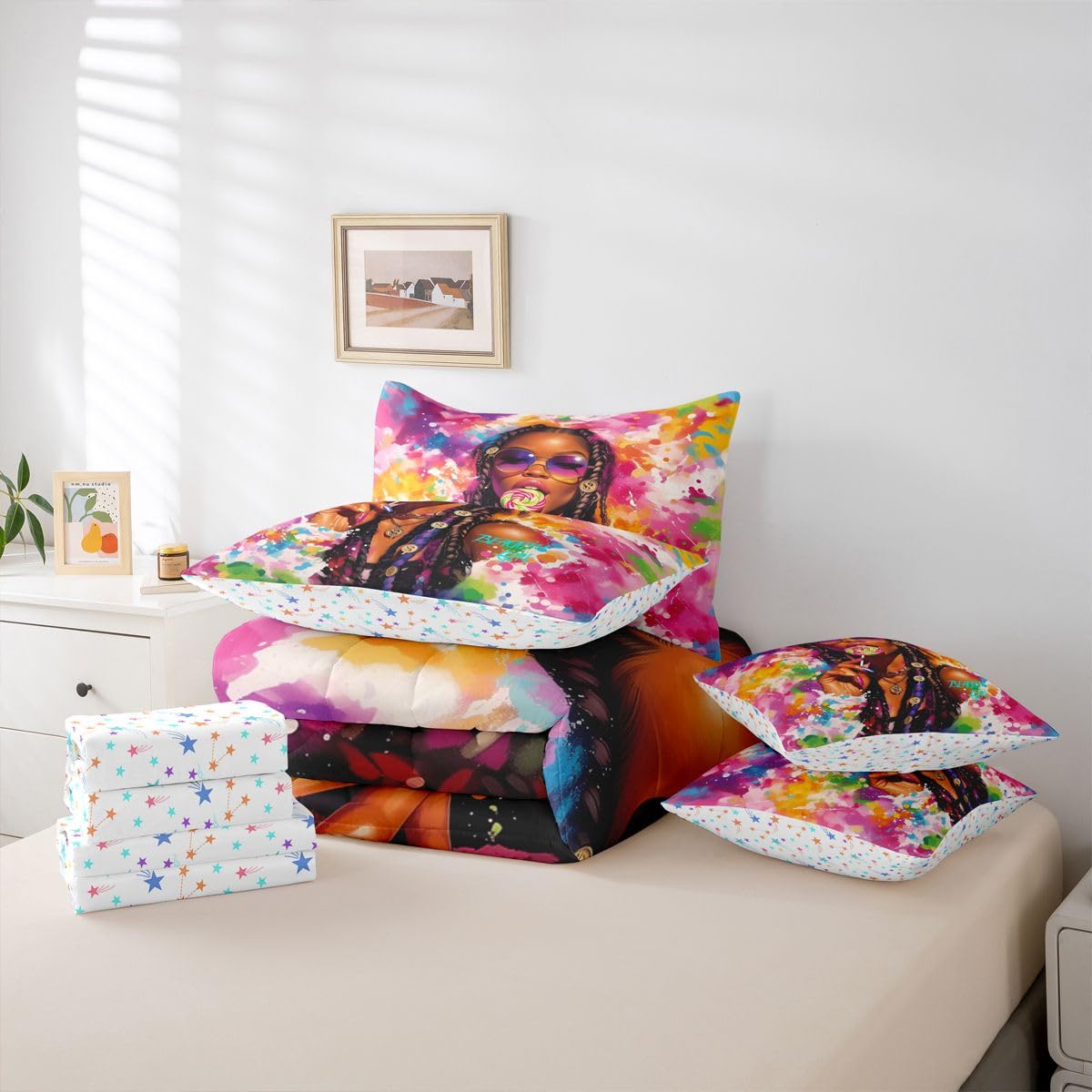 Erosebridal Cute Black Girls Queen Bedding Set Y2K Colorful Splash Paint Comforter Set Teen Stylish Multicolor Art 7-Piece Bed in a Bag Vibrant Aesthetic Watercolor Quilt Sets