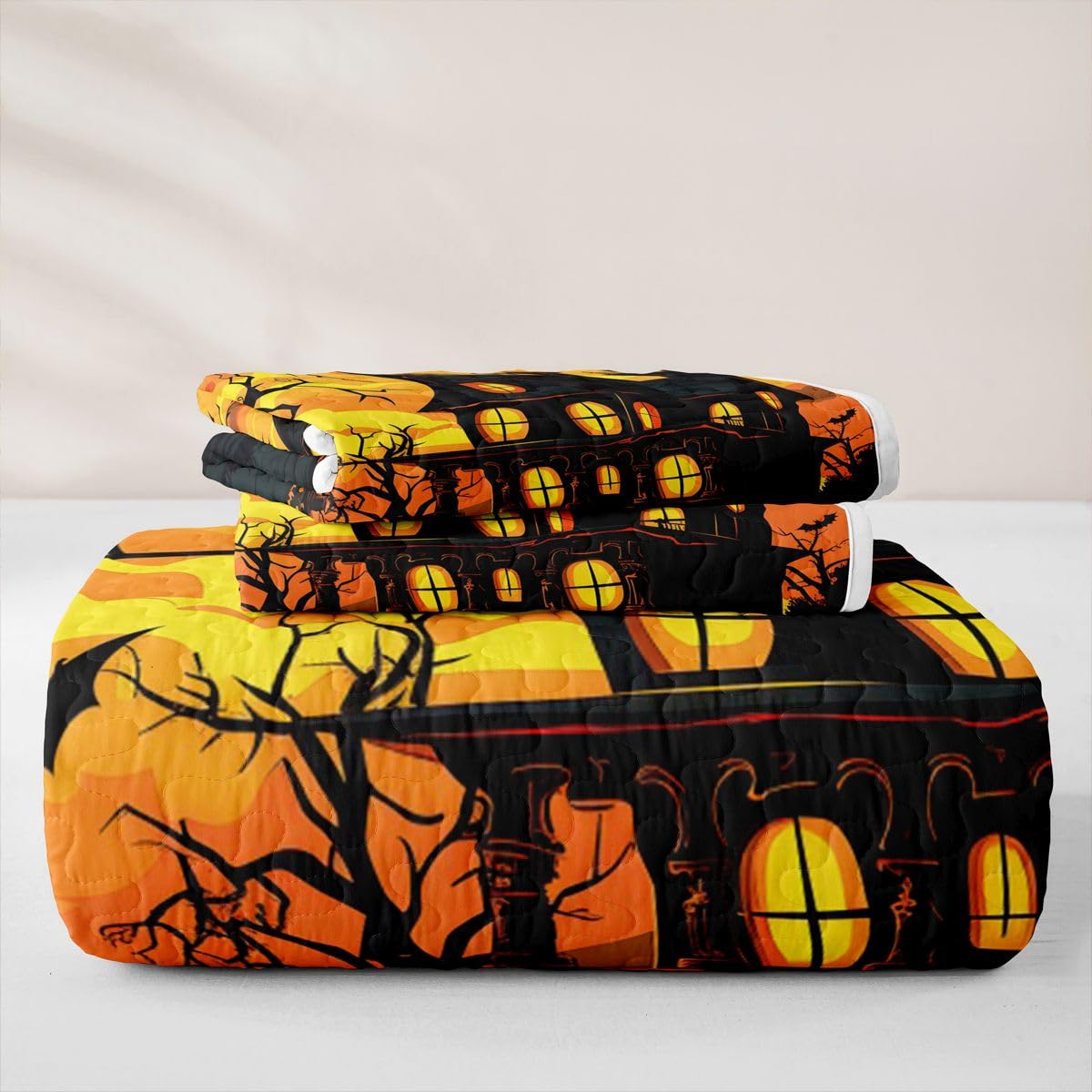 Feelyou Pumpkin Castle Bat Quilt Set 3 Pieces Queen Size Gothic Horror Quilted Bedding for All Season Happy Halloween Kids Boys Girls Bedspread Coverlet Set with 2 Pillowcases