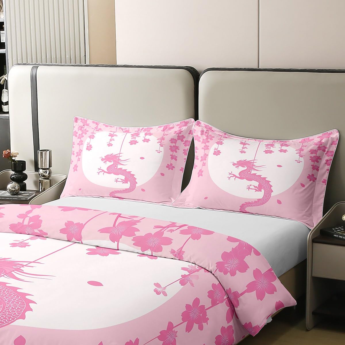 Erosebridal Pink White Kawaii Comforter Cover Twin Size 100% Cotton for Kids Girls Teen Women,Fantasy Animal Dragon Duvet Cover Magical Wildlife Bedding Set Aesthetic Romantic Cherry Blossom Bed Set