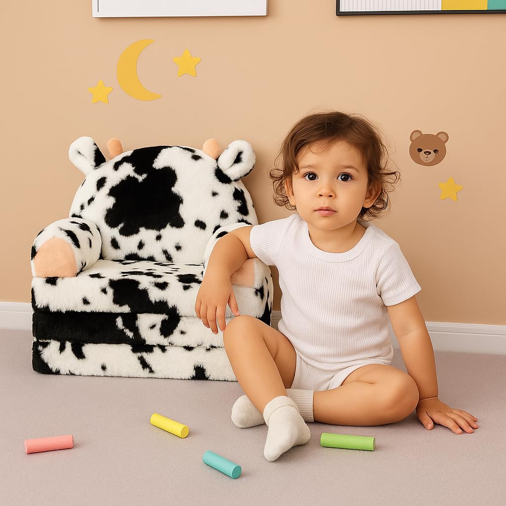 QIUODO Toddler Chair with Faux Rabbit Fur – 2-in-1 Foldable Kids Couch, Soft Sofa for Reading, Bedroom or Playroom Use, Ages 1-3（Cow）