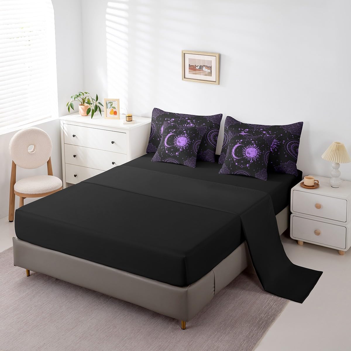 Feelyou Sun and Moon 7 Piece Bedding Set, Constellation Galaxy Comforter Set Cover for Kids Boys Girls Teens Psychedelic Boho Mandala Bedding Set Celestial Puprle Black Queen Size