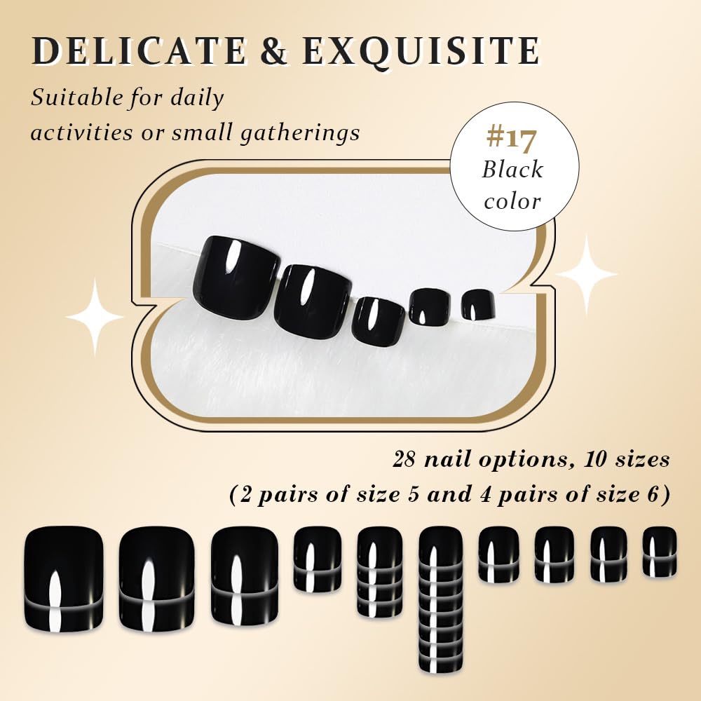 evpct Black Press on Toenails for Women, Fake Toe Nails Pure Stick on for Women Girls Gift, Soft Gel Press Stick on Toenail with Kits Set Kit Perfectly Fit Full Cover Reusable Pure Black Fake Toenails