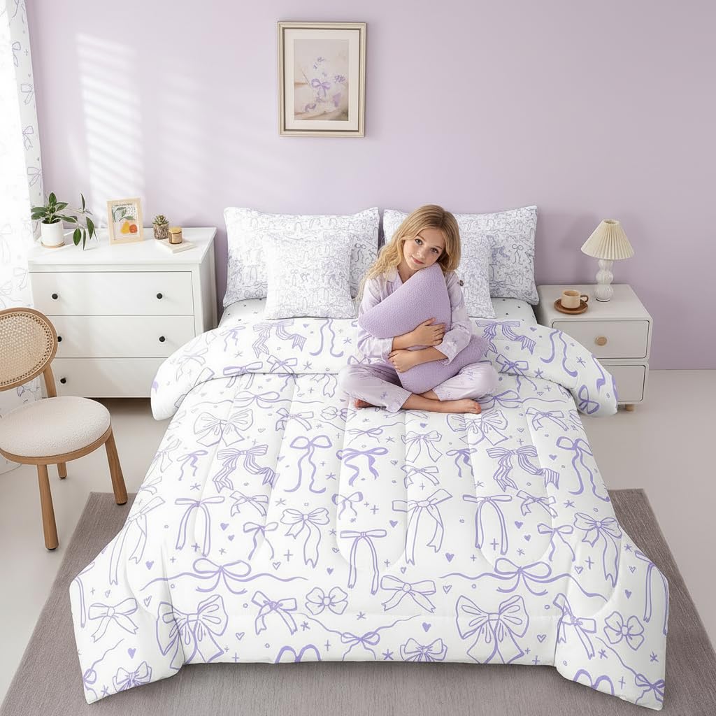 Purple Bowknots 7Pcs Comforter Set Full Size,Cartoon Hand Drawn Stars Love Bow Bedding Set,Kawaii Princess Style Fitted Flat Sheet for Kids Girls Women Teens Room Decor,Romantic 4 Pillow Covers