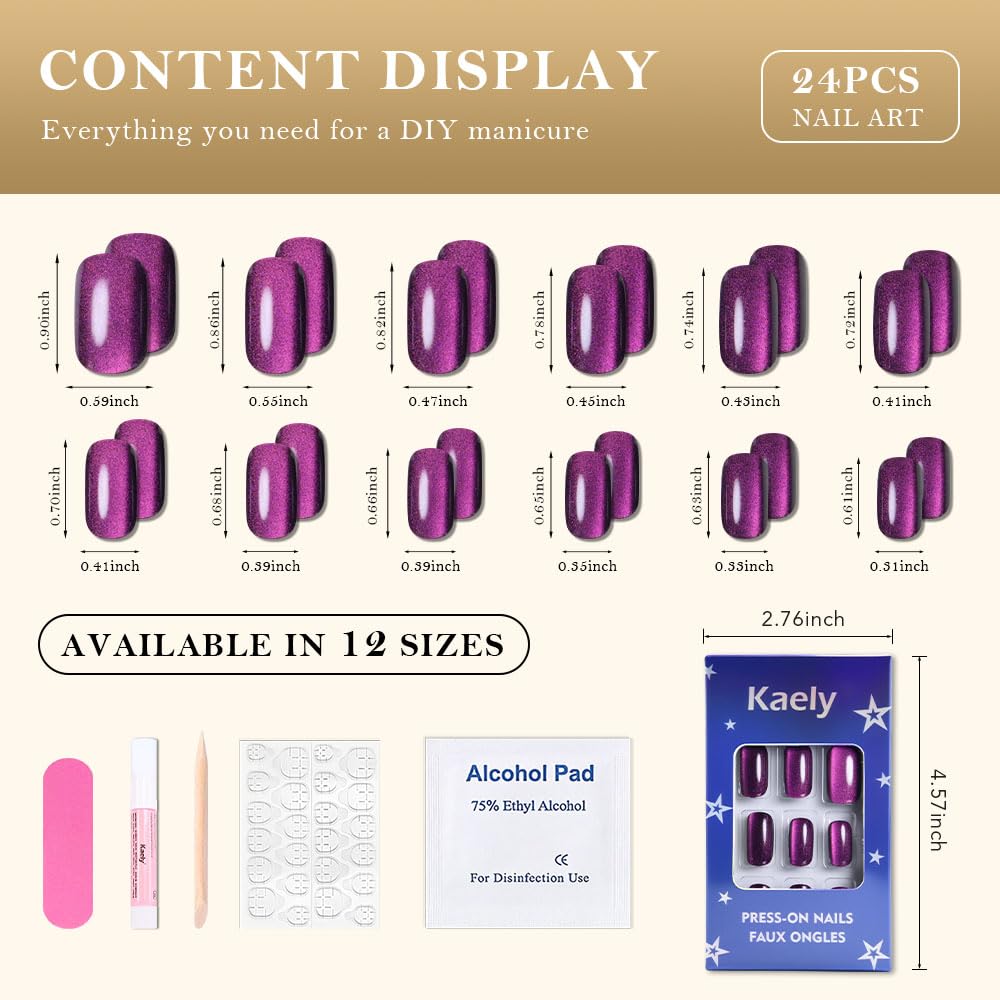 Purple Cat Eye Press on Nails Medium Square, Medium Square Stick on Fake Nails for Women Gift, Dark Purple Holographic Glitter Glossy Reusable Soft Gel Stick Press on Acrylic False Nail with Designs