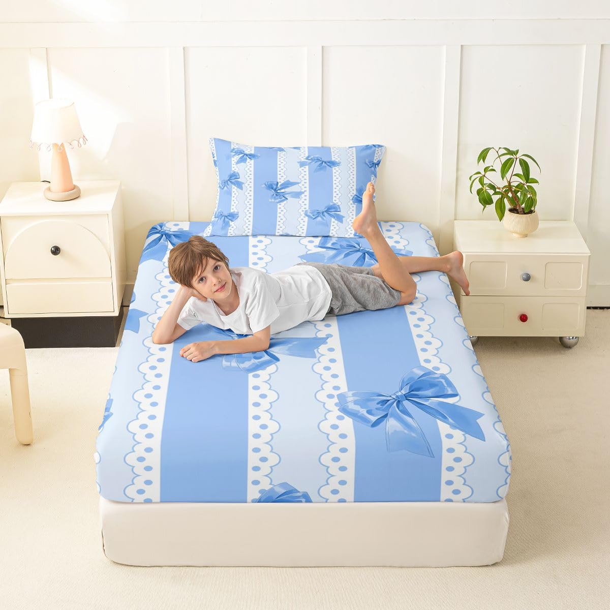 jejeloiu Blue Bow Stripe Bowknot Fitted Sheet Twin Size for Kids Boys Girls Ribbon Cute Kawaii Bed Sheets Set 16" Deep Pocket Dreamy Princess Bowknot Bedding with 1 Pillowcase Room Decor
