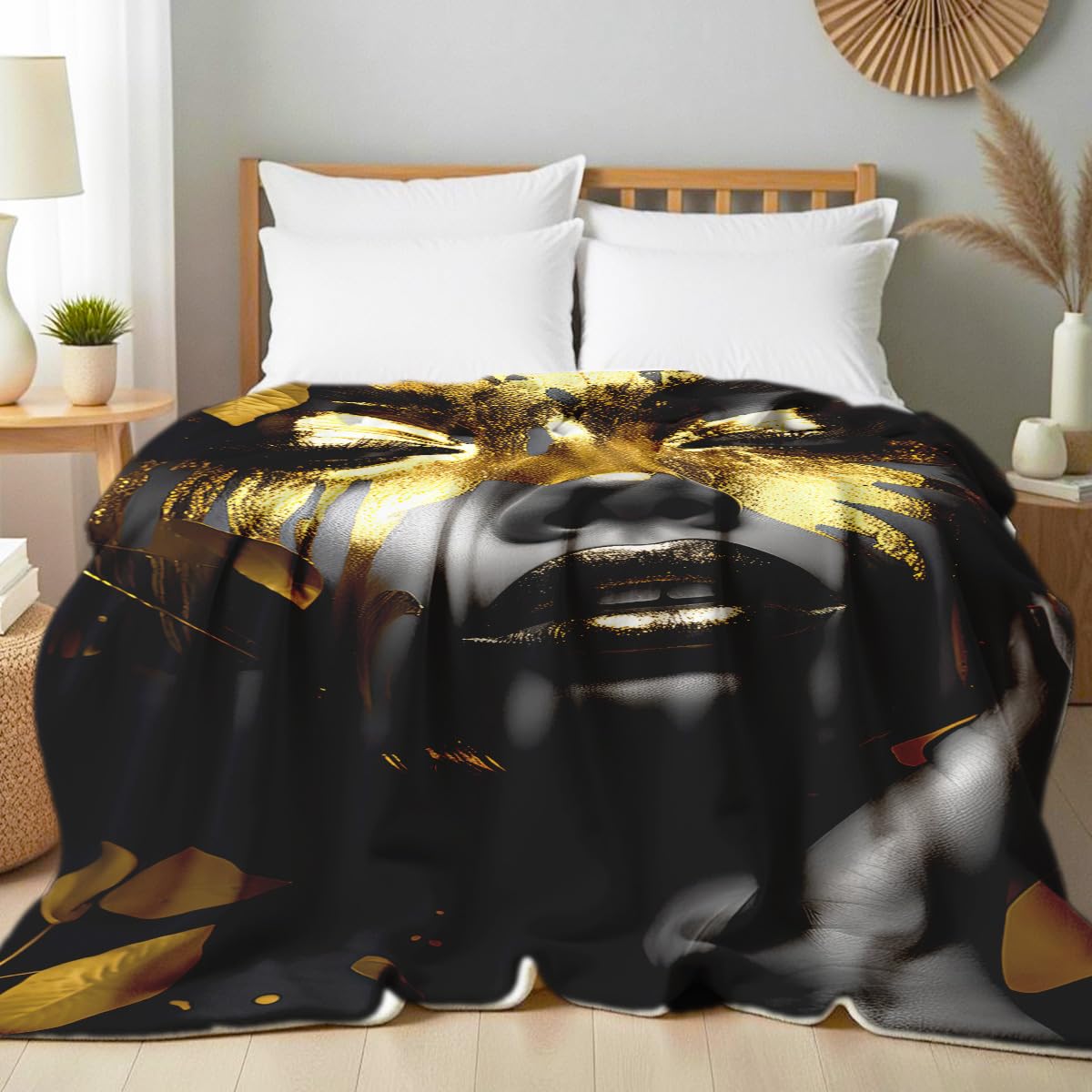 HUNXIAOJ African American Woman Blanket Throw Black Gold Print Flannel Blanket Gifts for Girls Female Women African American Couch Bed Living Room Home Decor 49"x59"