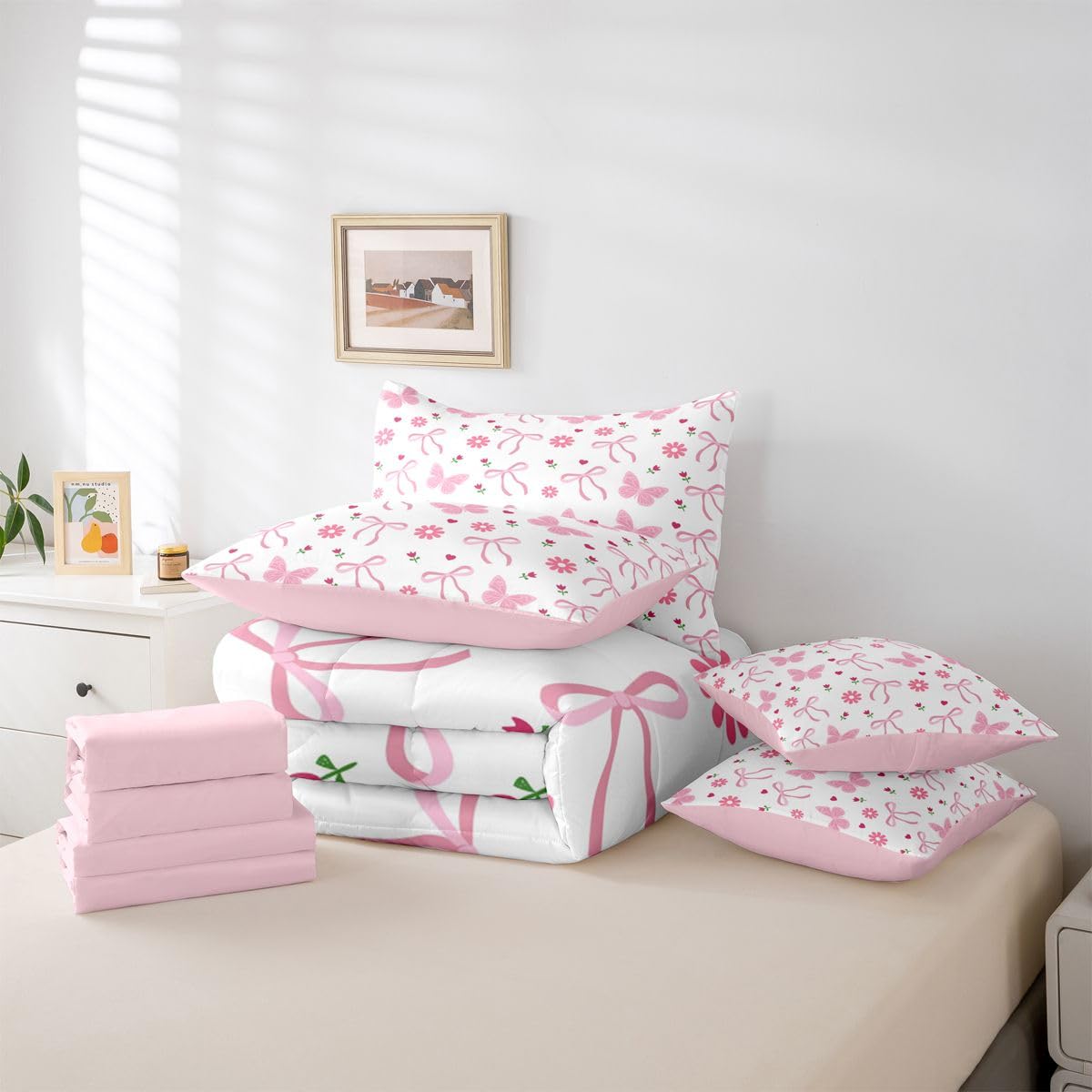 Erosebridal Butterfly Floral Bow Pink Girls Full Comforter Set 7 Pieces | Ribbon Daisy Coquette Bed in A Bag for Bedroom Flowers Kawaii Cute Bedding Set with Comforters Flowers Kawaii Cute Room Decor