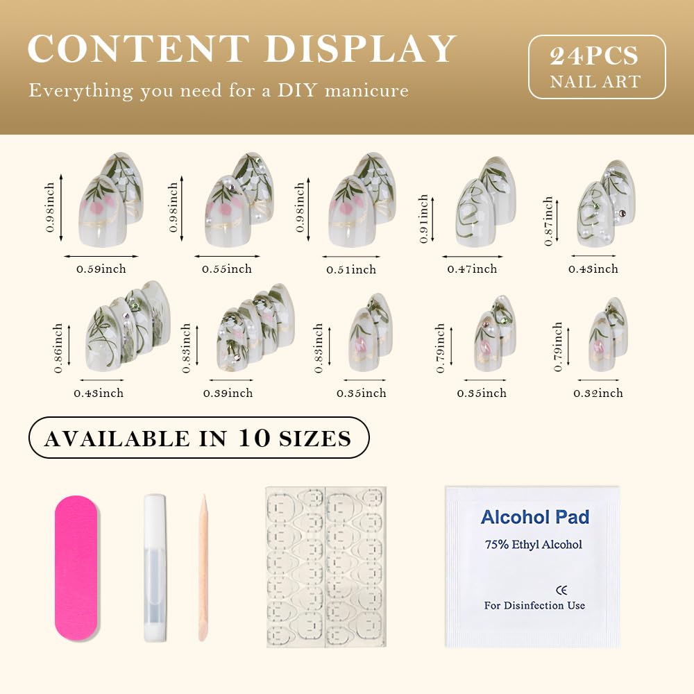 evpct 3D Light Green Handmade Press On Nails Almond Medium, 3D Water Plants Design Fake Nails Rusable for Spring & Summer Daily Wear, False Acrylic Nail with Kits Press ons Nail for Women Gift, 24Pcs