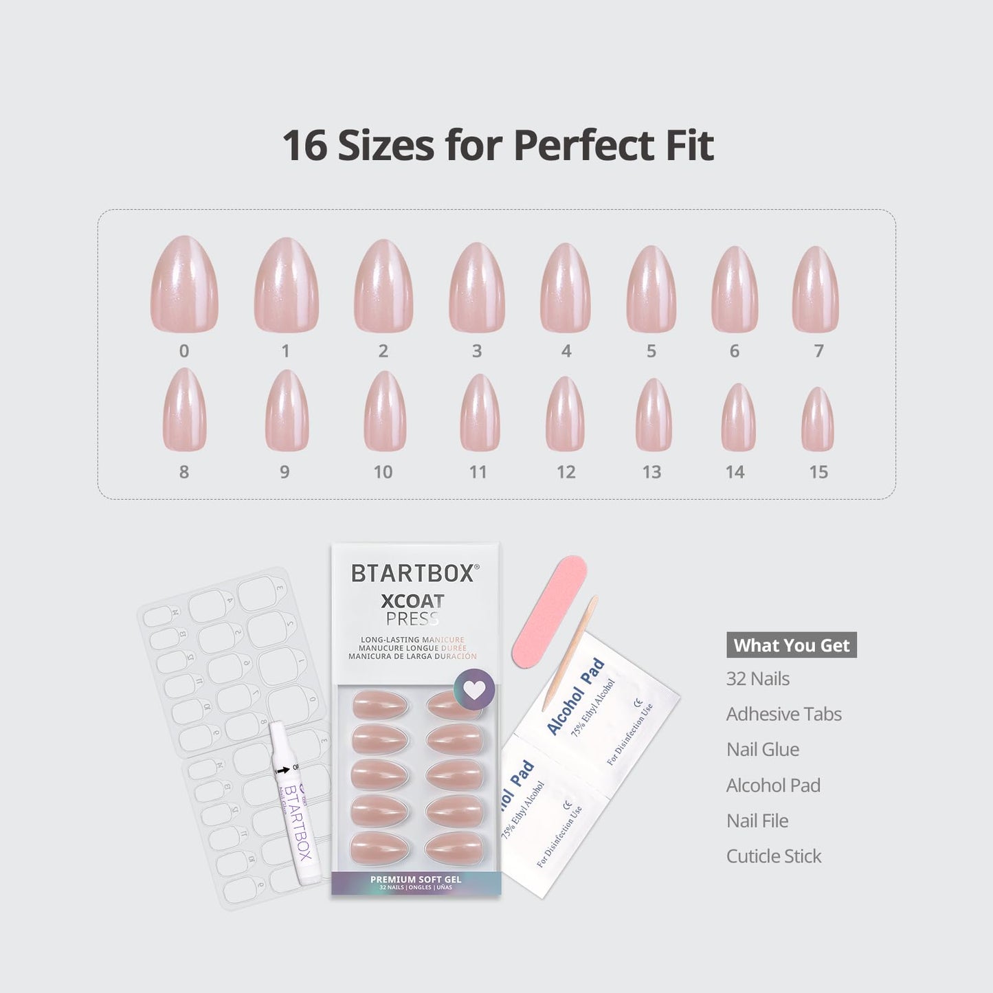 BTArtbox Press On Nails Almond - Short Nude Natural Nails Press Ons, Glue On Nails for Wedding Birthday Gift, Supremely Fit & Glossy Stick On Nails in 16 Sizes - 32 Nail Kit, Nudies