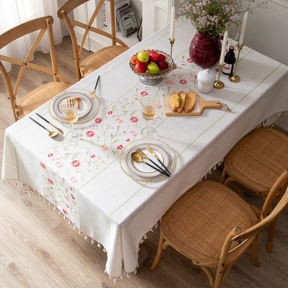 AMZALI Table Cloth Embroidery Floral Pattern Wrinkle Free Heavy Weight Cotton Linen Farmhouse Tablecloth Decorative Fabric Tassel Table Cover for Outdoor and Indoor Use (Square 55 x 55 Inch)