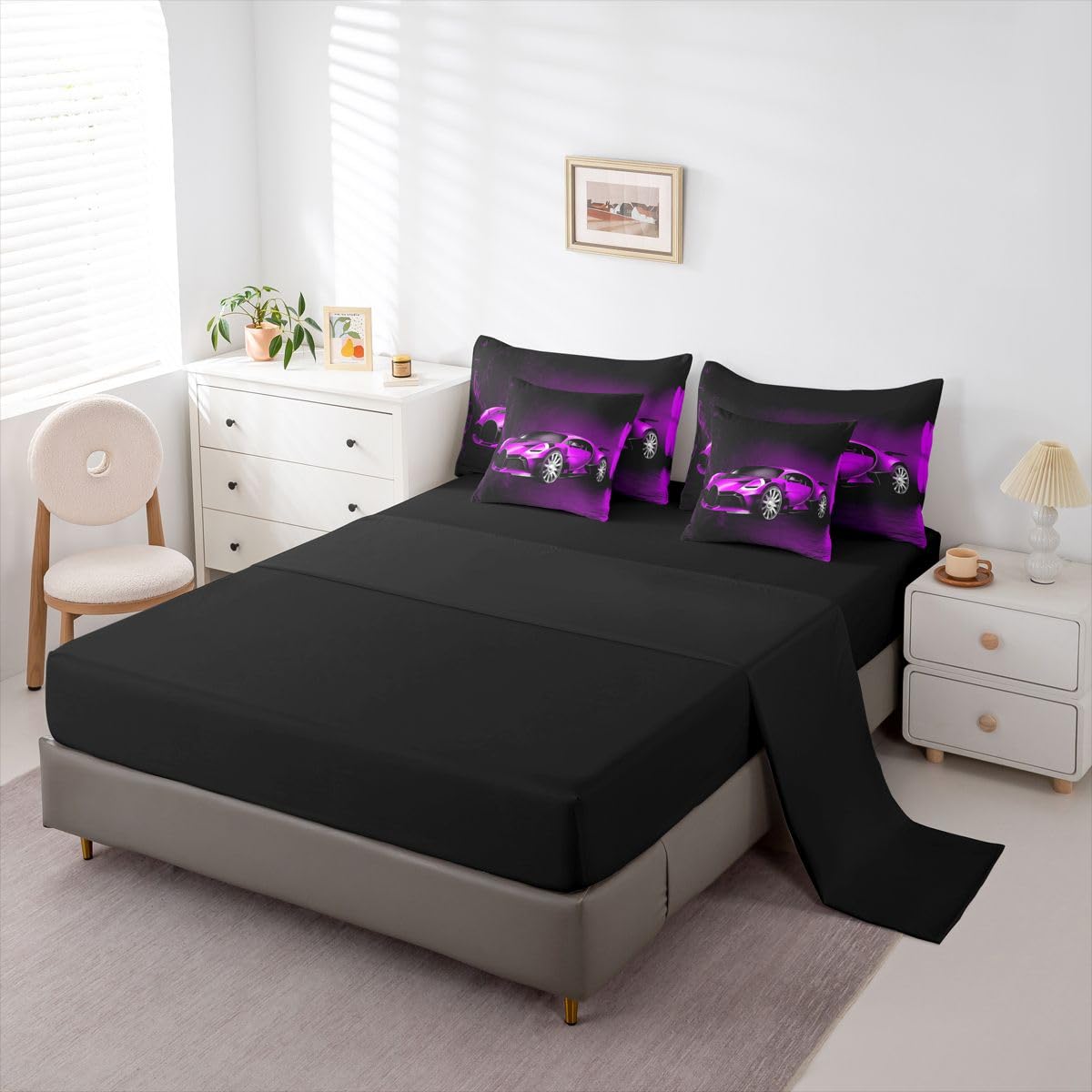 Feelyou Sports Car 7 Piece Bedding Set Purple Race Car Comforter Set with Sheets for Kids Boys Girls Extreme Sports Bed in a Bag Cool Speed Luxury Car Decor Quilt with 2 Pillowcases Queen
