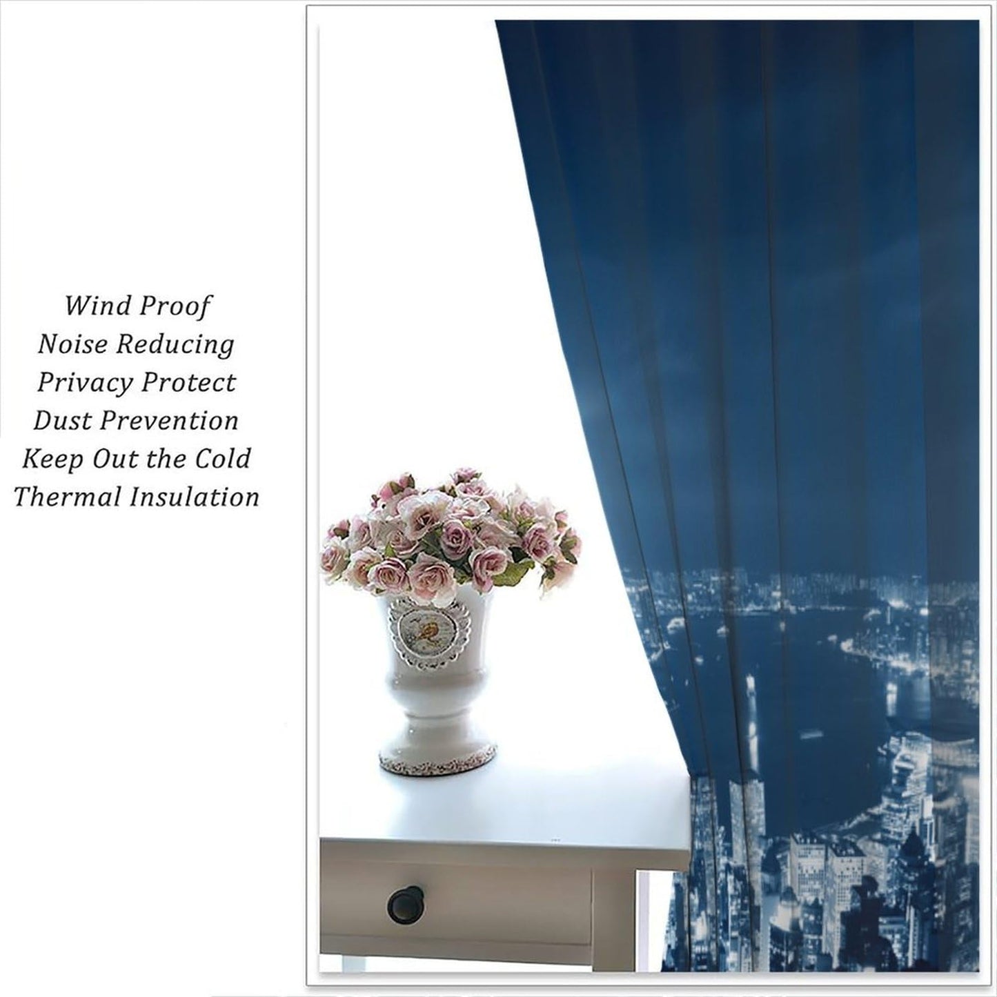 City Skyline Curtains, Blue Night City Lights Harbor View Print, Rod Pocket Light Filtering Window Drapes for Living Room Bedroom, 20.5" W x 44.5" L, 2 Panels （No Blackout）