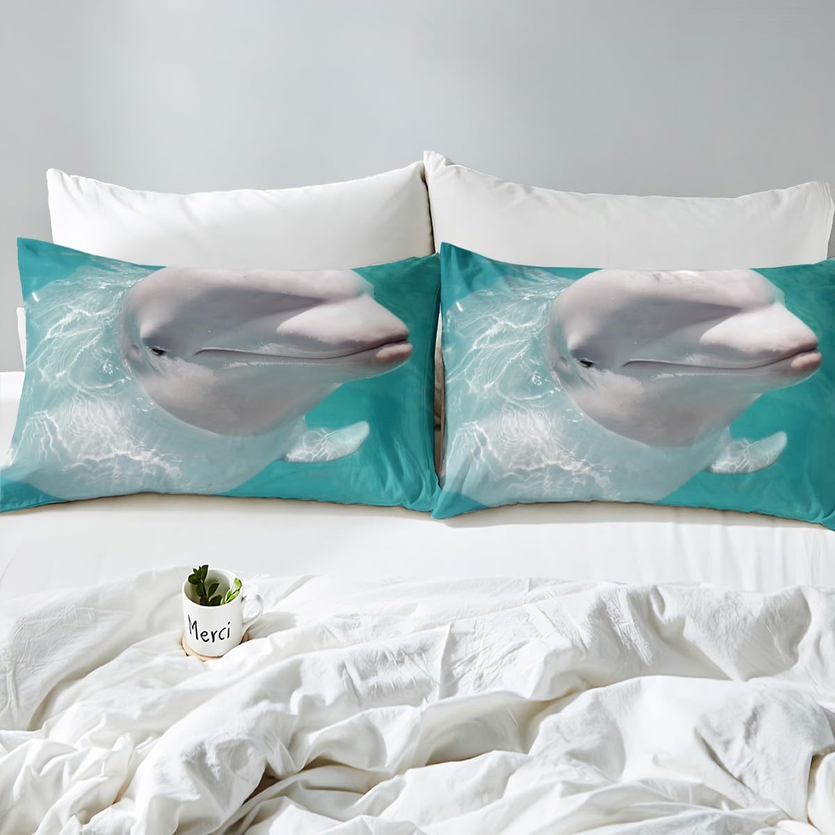 Manfei Beluga Whale Bedding Set 2pcs for Kids Boys Teens White Whale in Water Print Sheet Set Sea Animal Fitted Sheet Microfiber Bed Sheet Set (1 Fitted Sheet + 1 Pillow Case) Twin Size