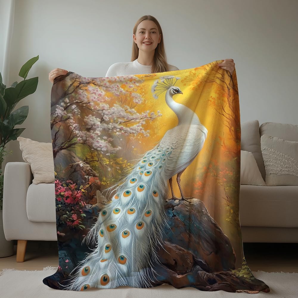 HUNXIAOJ Peacock Throw Blanket Peacock Themed Decor Animal Print Blanket King Size Soft Warm Flannel for Sofa Bed (60 in x 80 in)