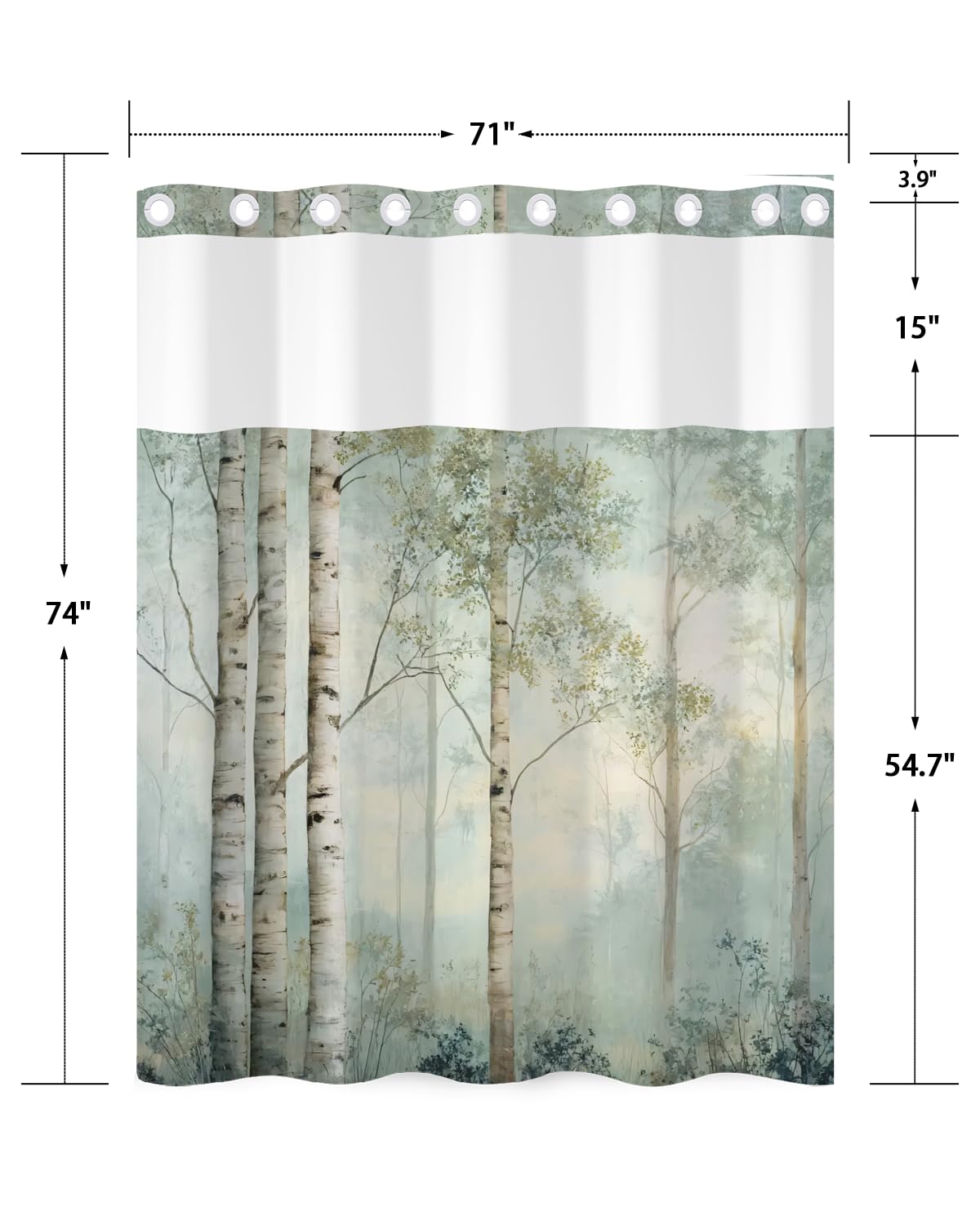 Xiazhilaio No Hook Shower Curtain and Liner Set, Birch Tree Forest Double Layer Waterproof Fabric Bath Tub Curtain for Rustic Farmhouse & Woodland Bathroom Decor, See Through Top, 71 x 74 Inch