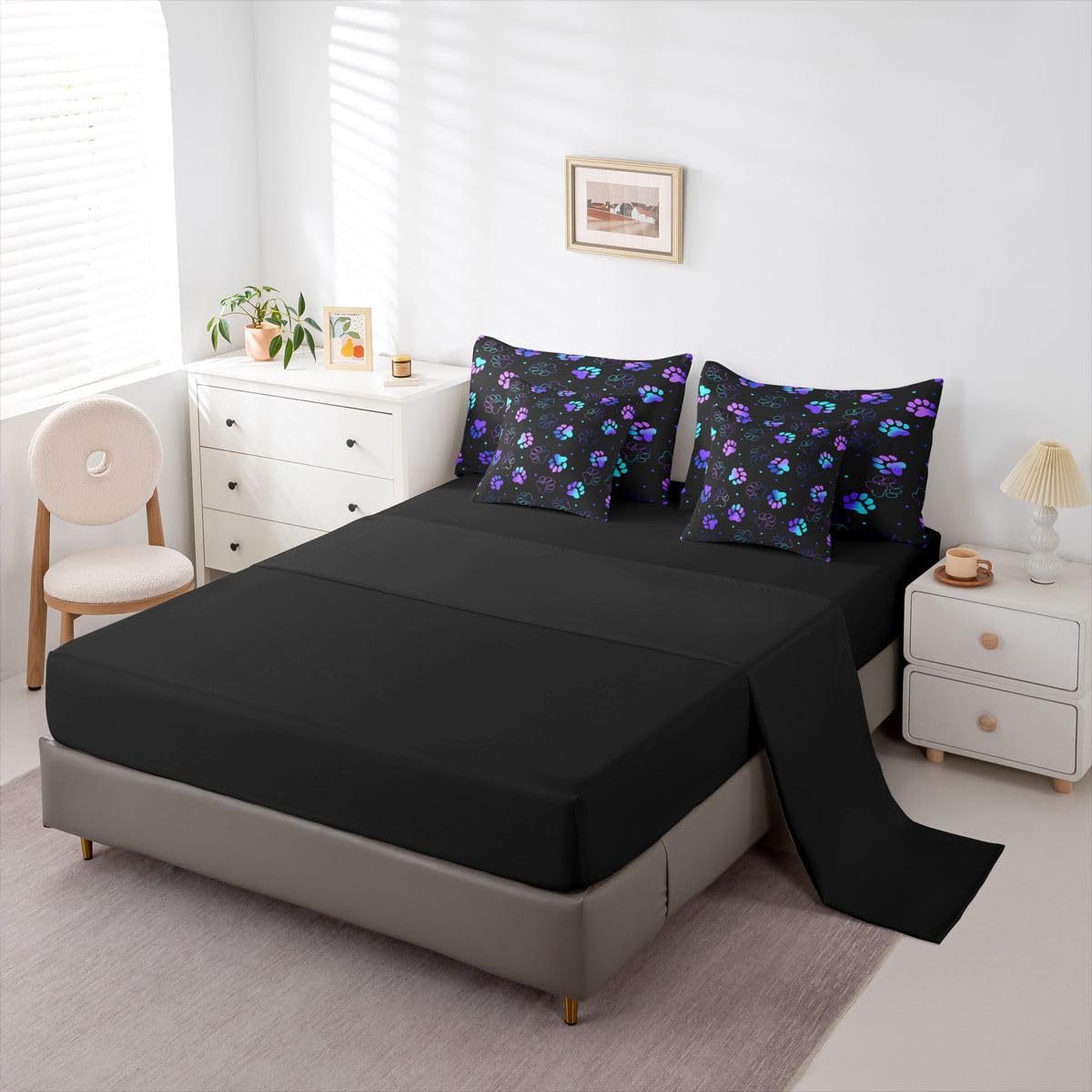 Feelyou Dog Paw Print Comforter Set with Sheets 7 Piece Full Size Pet Animal Bed in a Bag Kids Boys Girls Puppy Dog Bedding Set Cute Bedroom Decor Kawaii Breathable Soft Lightweight Microfiber