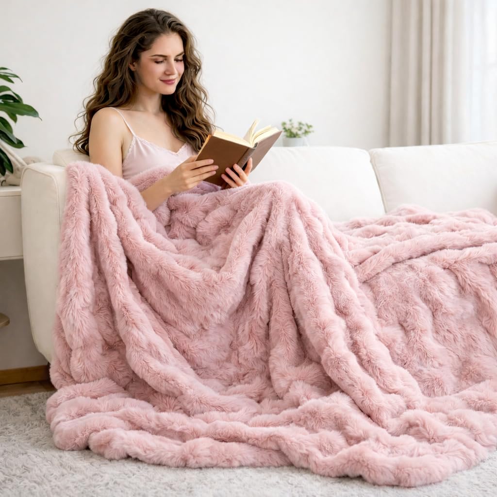 Thistleap Faux Fur Throw Blanket, 50x60 Inch Bubble Textured Plush Couch Bed Throw, Ultra Soft Cozy Decorative Blanket, Machine Washable for Home Decor, Light Pink