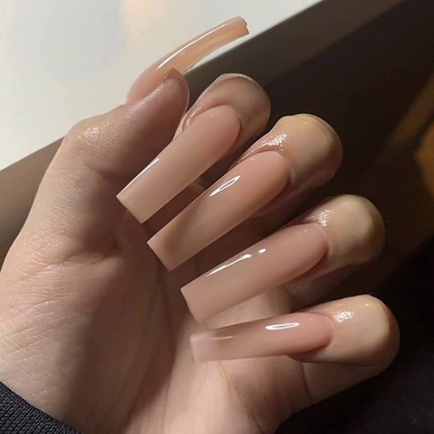 IMSOHOT Long Press Nude Square Shaped Glossy Glue on Nails - Natural Full Cover Acrylic False Nails - 24pcs
