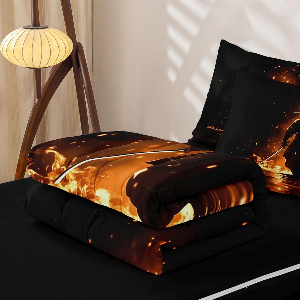 Erosebridal Japanese Samurai Kids Comforter Set with Zipper, Japan Warrior Twin Size Zipper Bedding Set, Japanese Spirit Bed-in-A-Bag