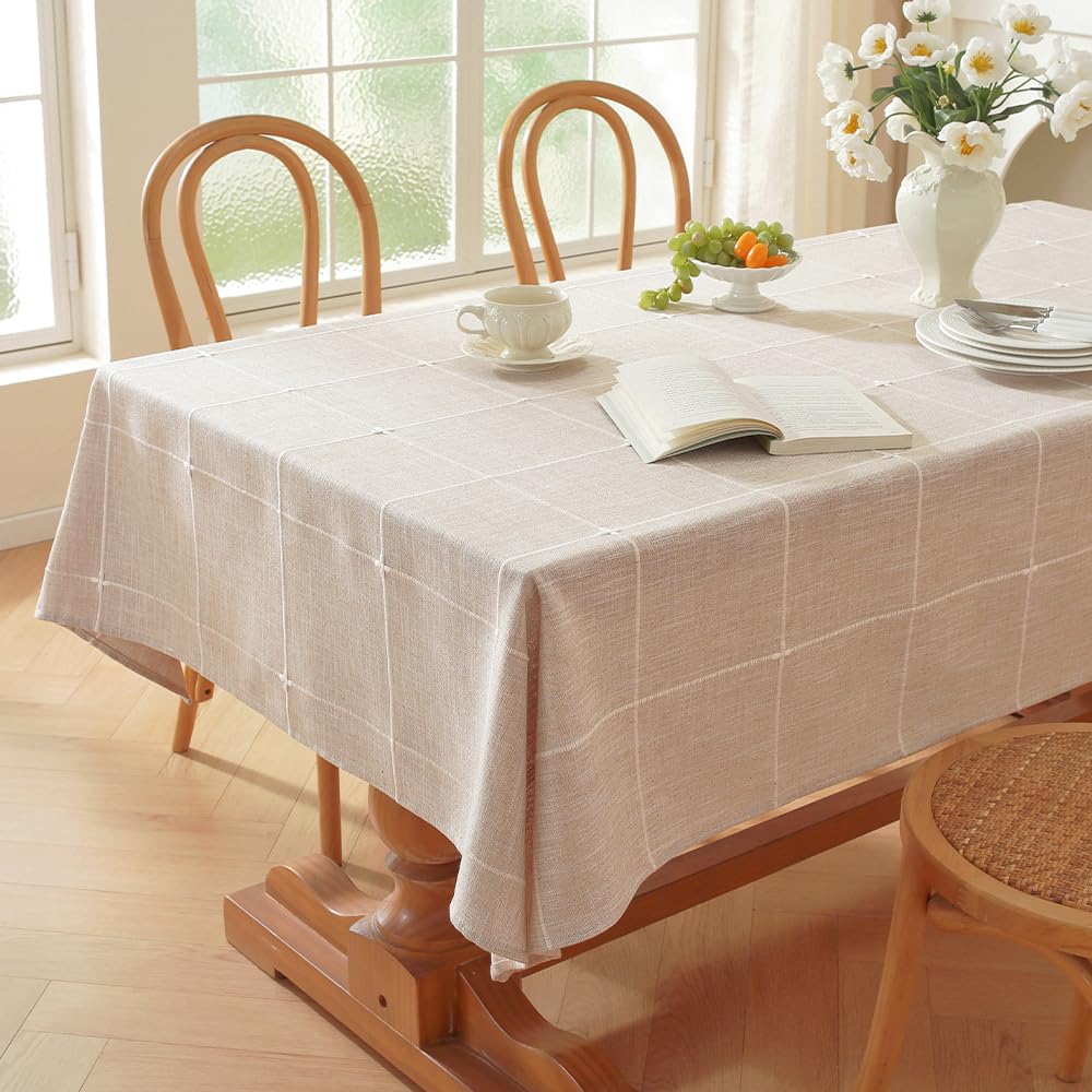 Zobesta Linen Table Cloth Rectangle Tables 60 x 120 Inch, Plaid Browm Linen Tablecloth Rectangle Tables Soft Boho Table Cover for Kitchen, Party, Picnic, Outdoor
