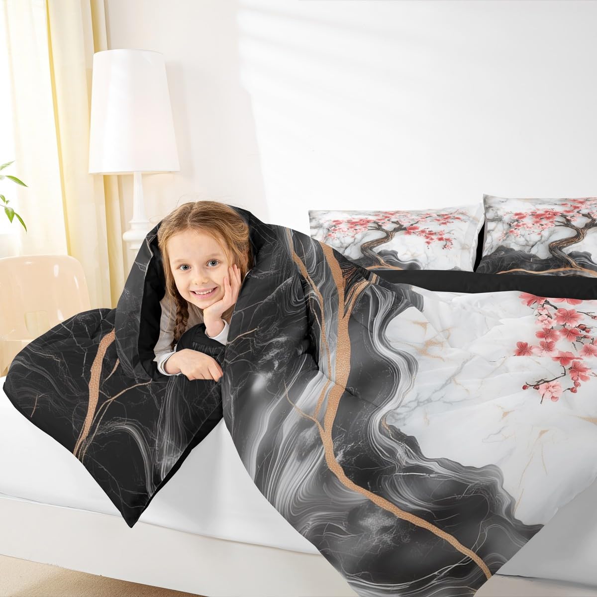 Manfei Cherry Blossom Comforter Set Queen Size,Artistic Black White Marble Texture Paint Bedding Set for Teens Adults,Japanese Style Pink Red Flowers Romantic Comforter,3 Pcs 2 Pillowcases