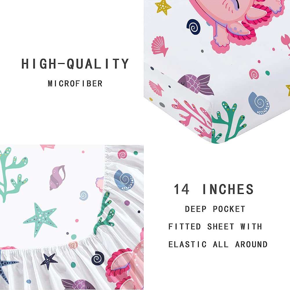 Gusuhome Girls Axolotl Sheet Set for Kids Twin Pink - 3D Kawaii Ocean Bedding Bed Set - Microfiber Super Soft Bed Sheets Set (1 Fitted Sheet 2 Pillow Cases)