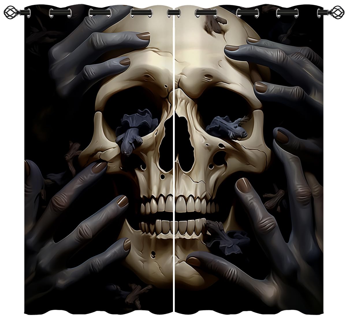 ONINUO Skull Blackout Curtains for Girls Boy Home Decor, Scary Spooky Halloween Graveyard Gothic Grommet Thermal Insulated Drapes Darkening Window Curtain for Bedroom Living Room, 42 x 45 Inch