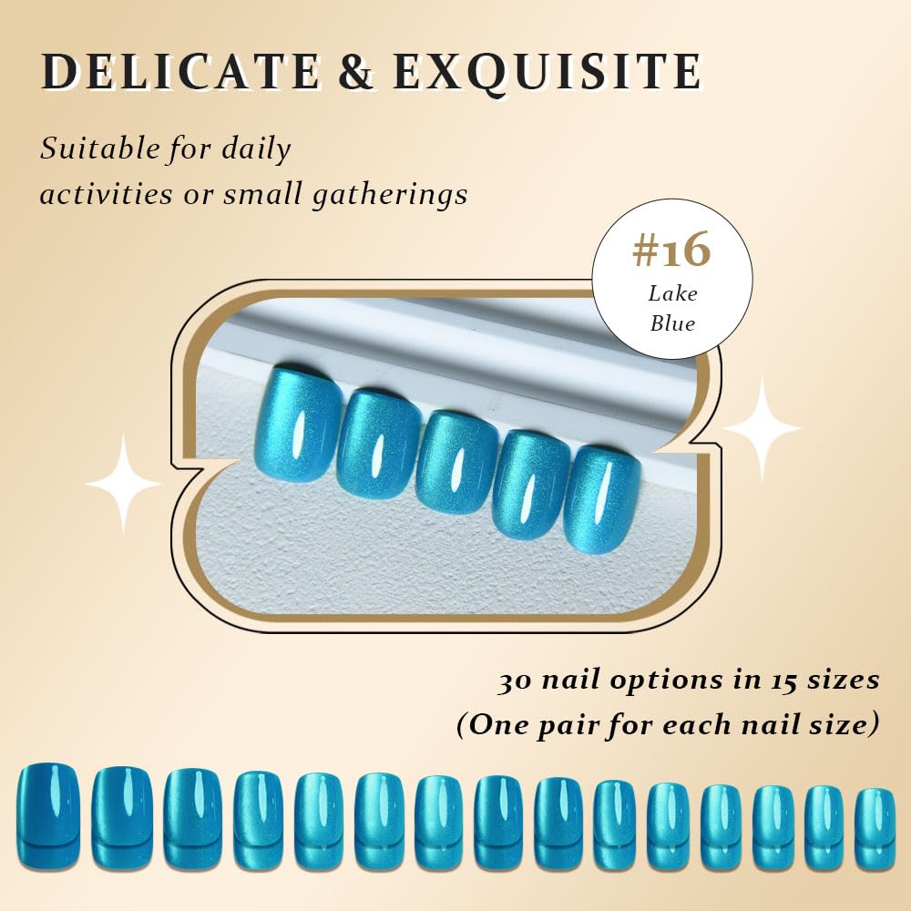 evpct Lake Blue Cat Eye Short Square Press on Nails, Short Square Stick on Nails for Women Gift, Lake Blue Glitter Glossy Fake Nail Reusable Press on Acrylic Fake Nail with Holographic Cat Eye Design