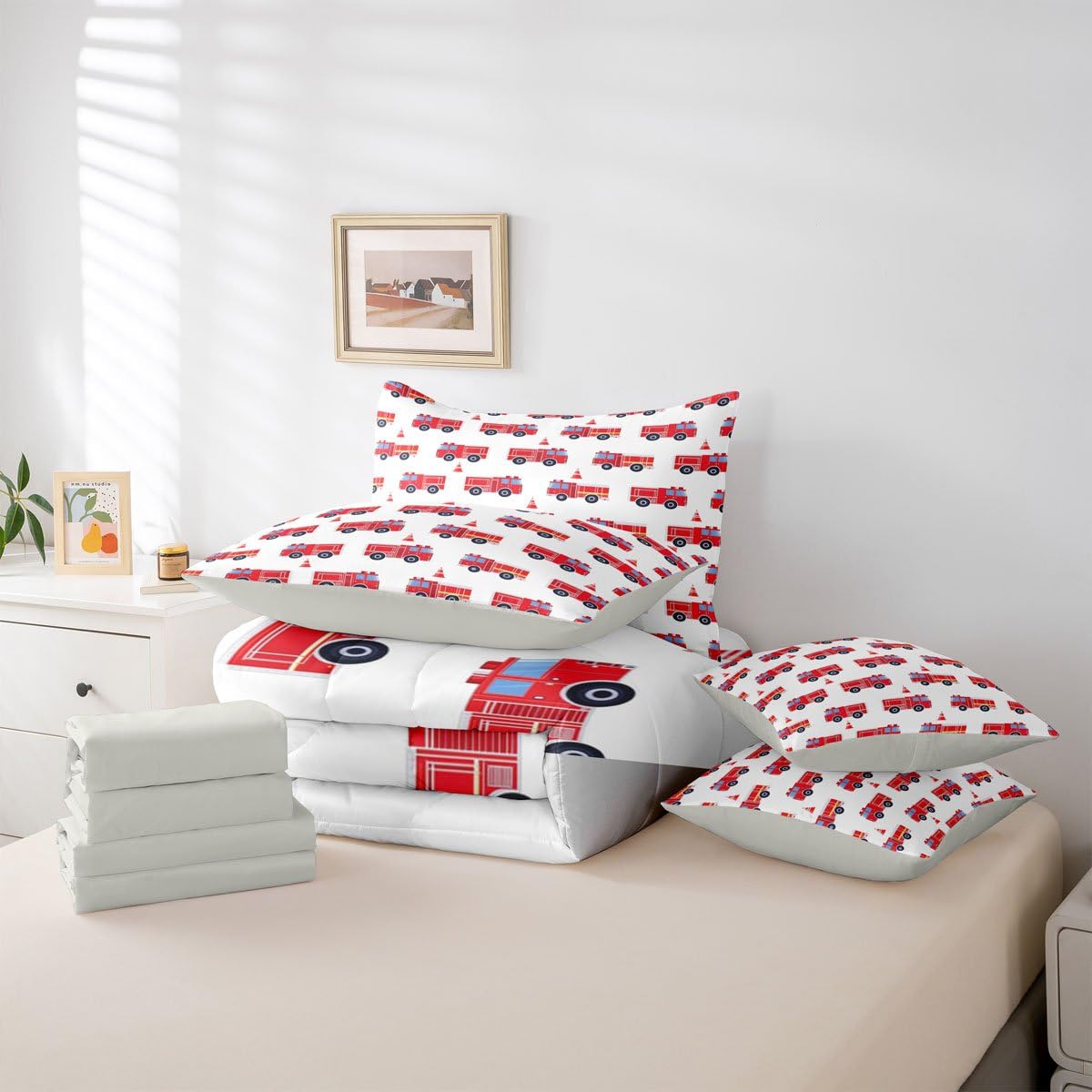 Erosebridal Cartoon Fire Truck Twin 7 Pcs Bedding Set, Red Firemen Car Bed in A Bag, Fire Engine Comforter Set with Sheets for Kids Men Teens Boys Room Decor, White Bed Sets, Microfiber