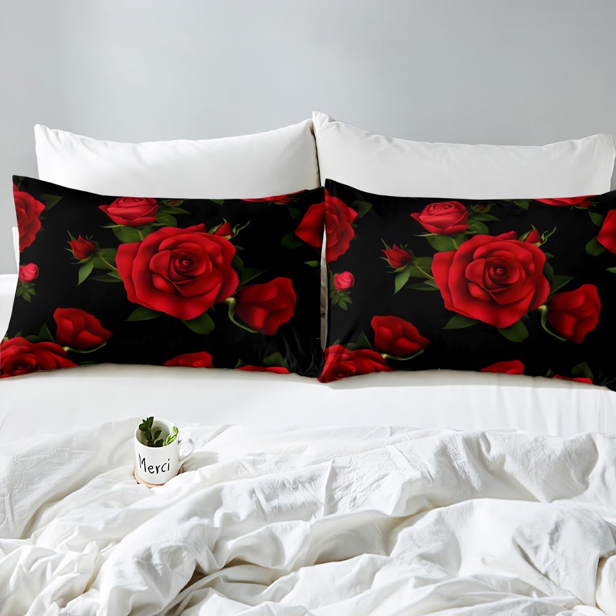 Feelyou Rose Fitted Sheet Red Floral Print Bed Sheet Set Romantic Flower Bedding for Women Queen Size Includes 1 Sheets & 2 Pillowcases (No Flat Sheet)
