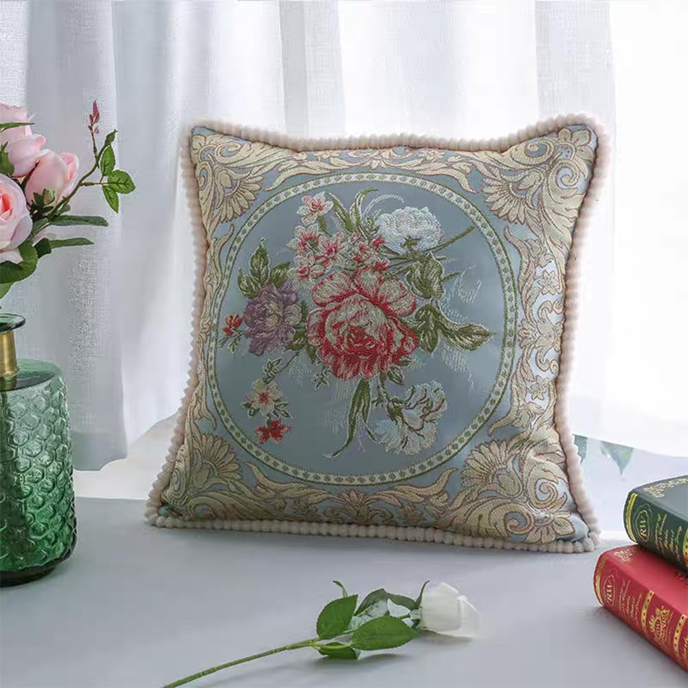 Qupace Set of 2 Vintage Blue Embroidered Throw Pillows Covers 18x18in，Flowers Retro European Pillow Covers for Sofa Couch Cushion Cover for Sofa Bed Chairs Car