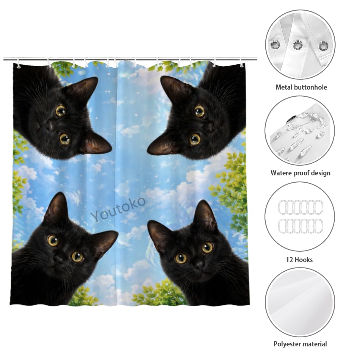 Youtoko Cute Black Cat Bathroom Decor Shower Curtain 72x72 Inch with 12 Hooks Blue Sky Nature Animal Waterproof Washable Polyester