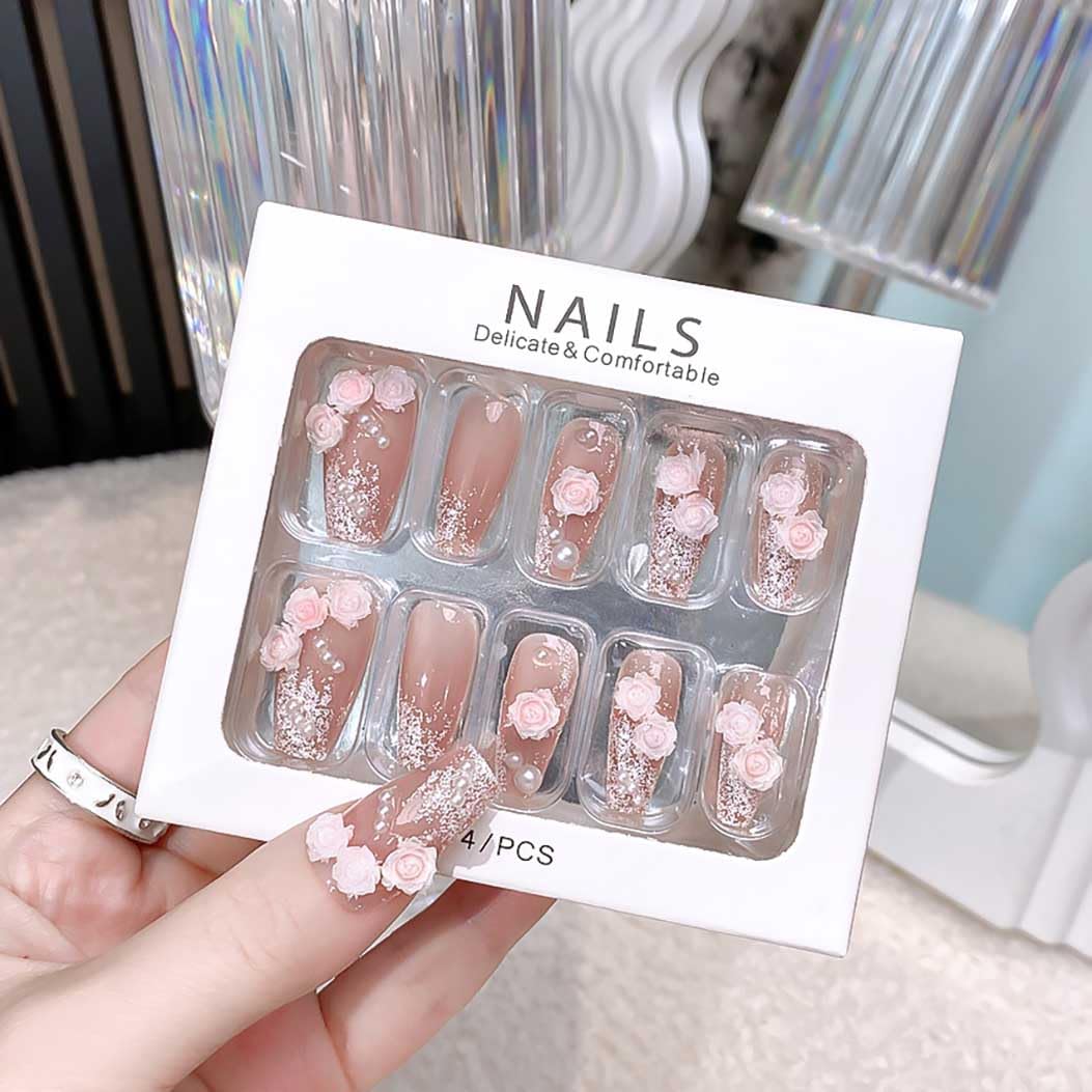 RikView Coffin Press on Nails Long Acrylic Nails White Nails with 3D Flowers Design Glossy Full Cover Nails for Women 24 PCs/Set