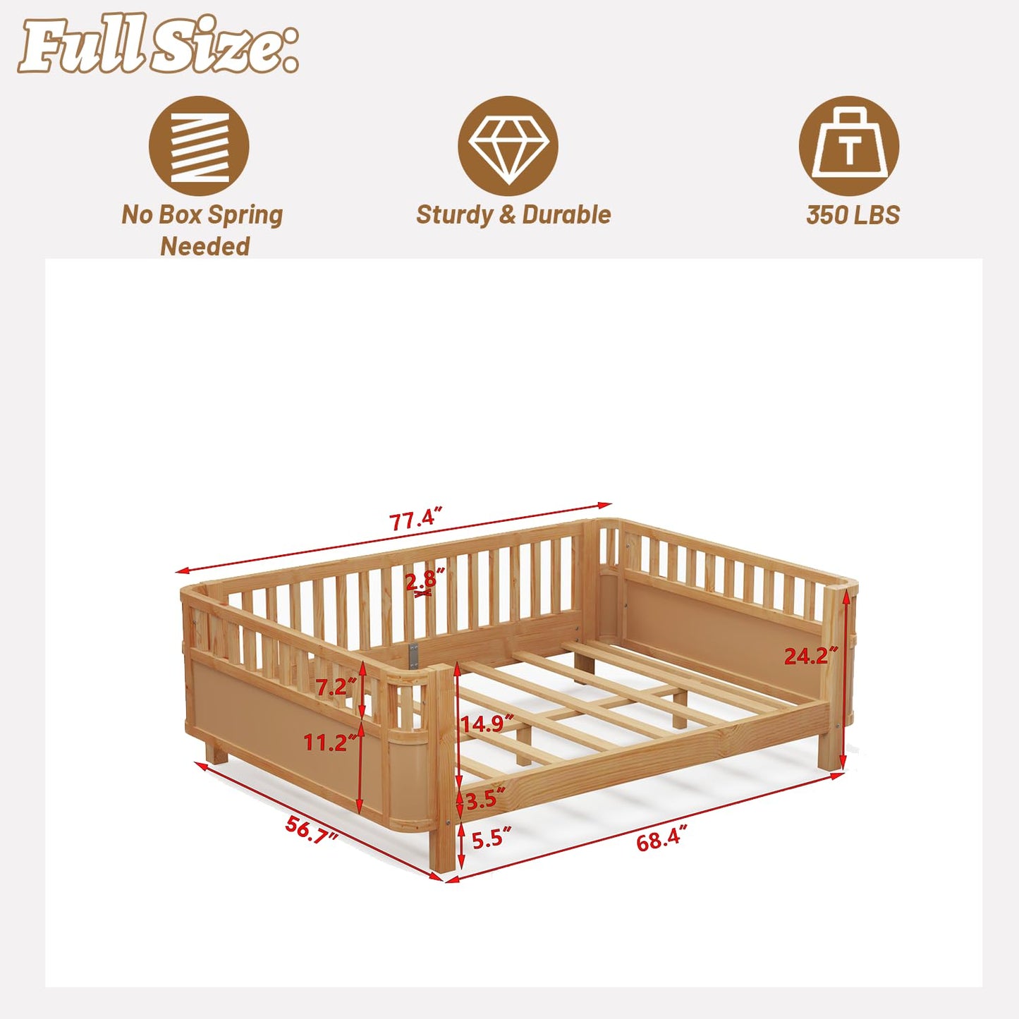 OYUMOENTS Full Size Kids Bed Frame, Low Profile Montessori Bed Full with Rails, Wood Daybed for Girls & Boys, No Spring Box Required, No Squeaks, Natural