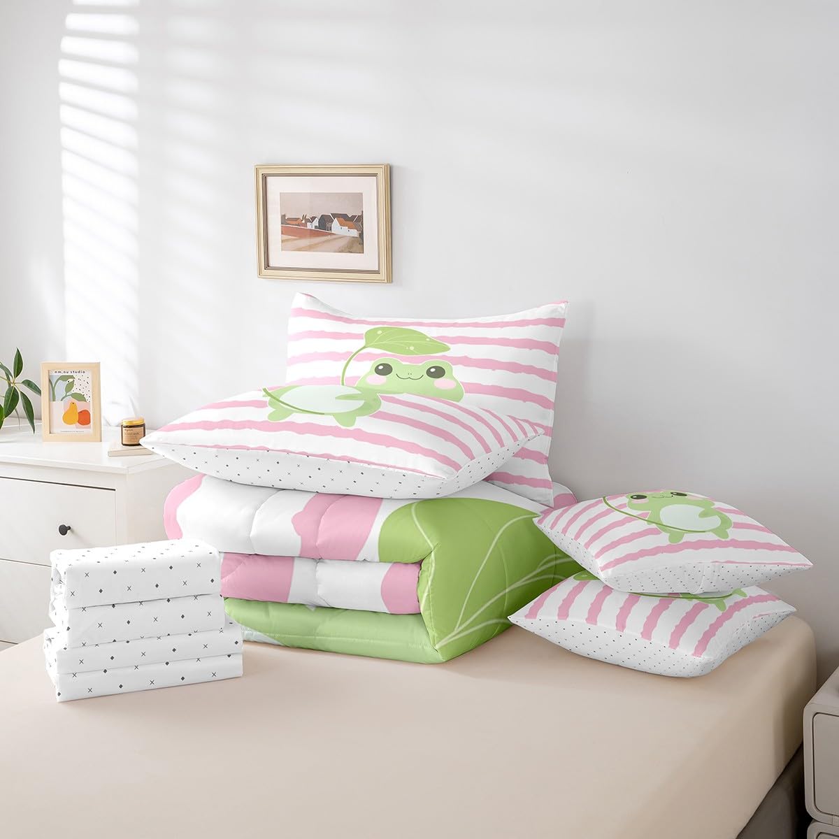 Castle Fairy Cute Frog 7Pcs Comforter Set Full Size,Cartoon Animal Bedding Sets for Kids Girls Boys,Pink White Striped Bed in a Bag Black White Fitted Sheet Flat Sheet,2 Throw Pillow 2 Pillowcases