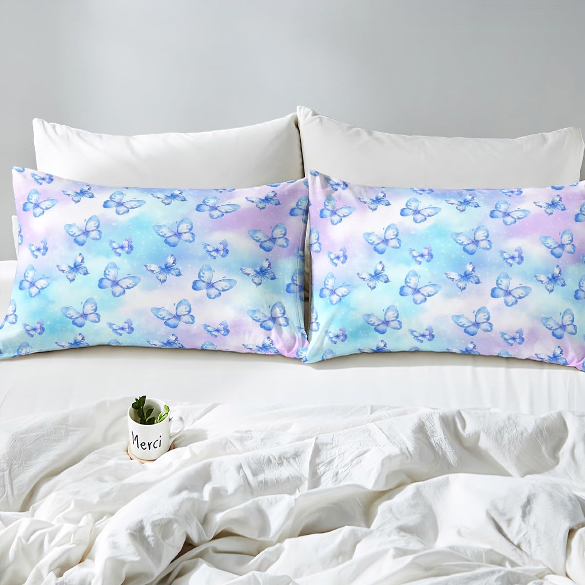 Erosebridal Pink Blue Butterfly Sheet Set Twin Watercolor 3D Printed Bed Sheets Set Purple Colorful Rainbow Sheets for Boys Girls Fantasy Dreamy Princess Flat Fitted Sheet with 1 Pillow Case