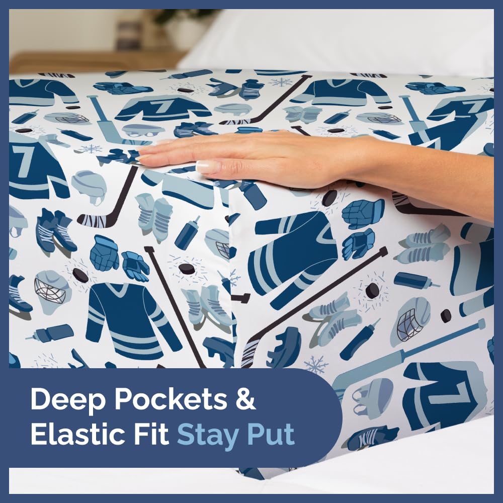 Kids Twin Size Blue Ice Hockey Bed Sheets - 3 Piece Sport Sheet Set - Ice Hockey Player Print Bedding - Soft, Breathable & Machine Washable - Sports Game Bed Set for Boys, Girls, Teens and Toddlers