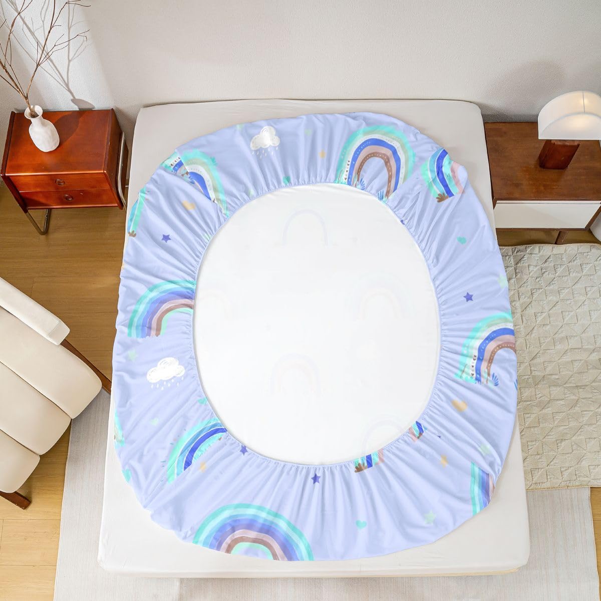 Castle Fairy Blue Rainbow Fitted Sheet Queen Size (No Flat),Cute Love Heart Bedding Sets 3Pcs,Girls Boys Adult Room Decor,Cartoon Cloud Bed Cover Coquette Deep Pocket Sheet,2 Pillowcases
