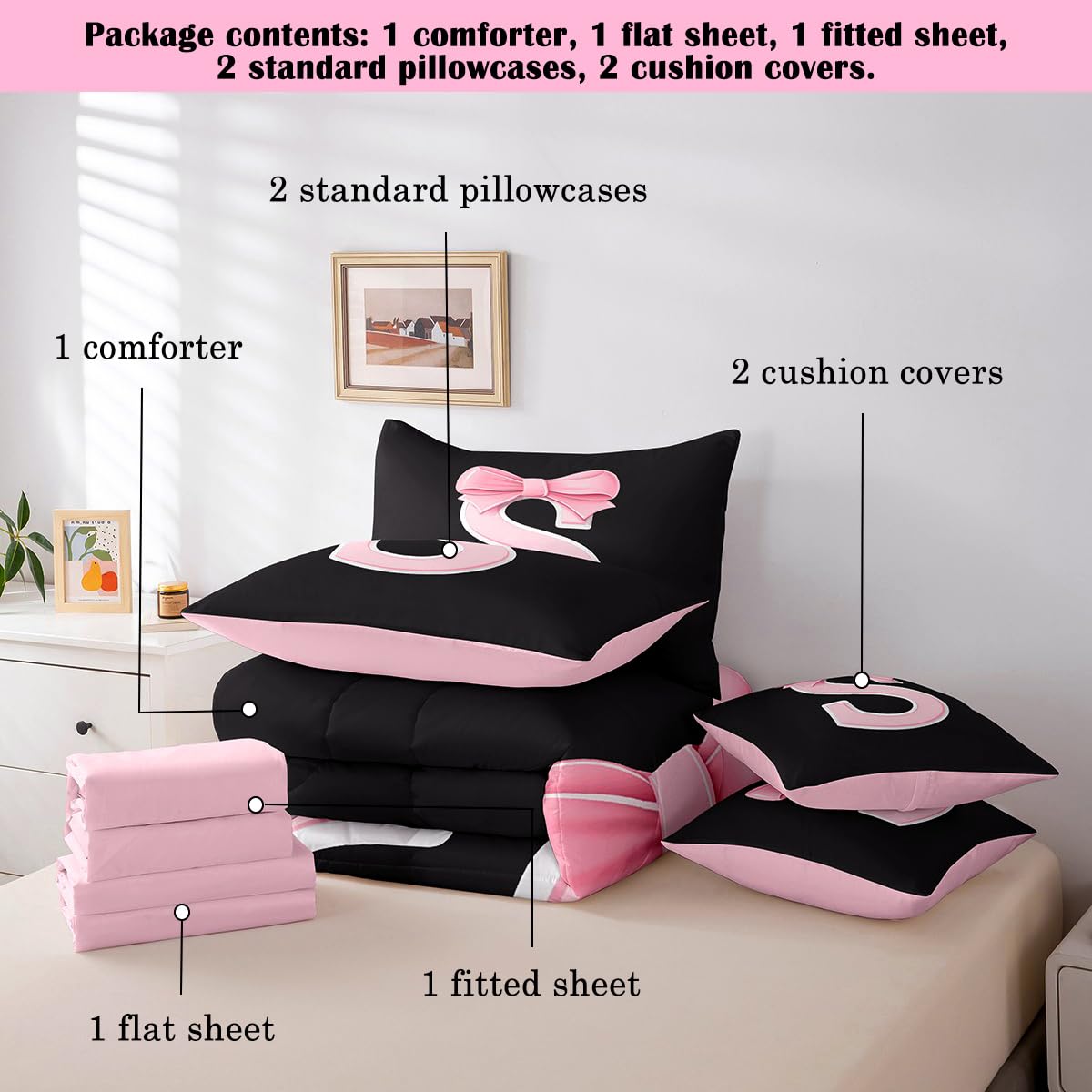 jejeloiu Kawaii Pink Bow Twin Comforter Set with Sheets,Gifts for Women Teen Girl,Monogrammed 7 Piece Bedding Set,Soft Personalized Initial Letter S Bed in a Bag with Comforter,Sheets,Pillowcases